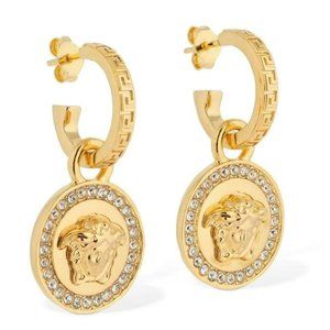 VERSACE Gold tone Greca Medusa Drop Earrings with Crystals